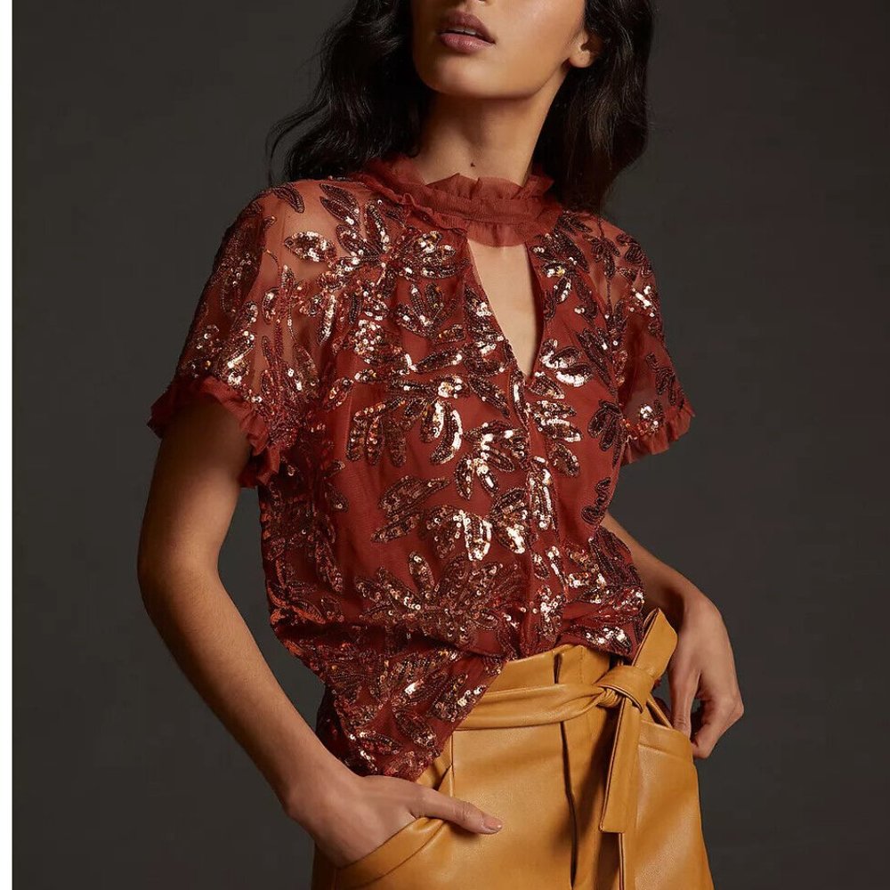 Anthropologie Cut-Out Sequined Blouse Tie Neck Orange Brown - XS